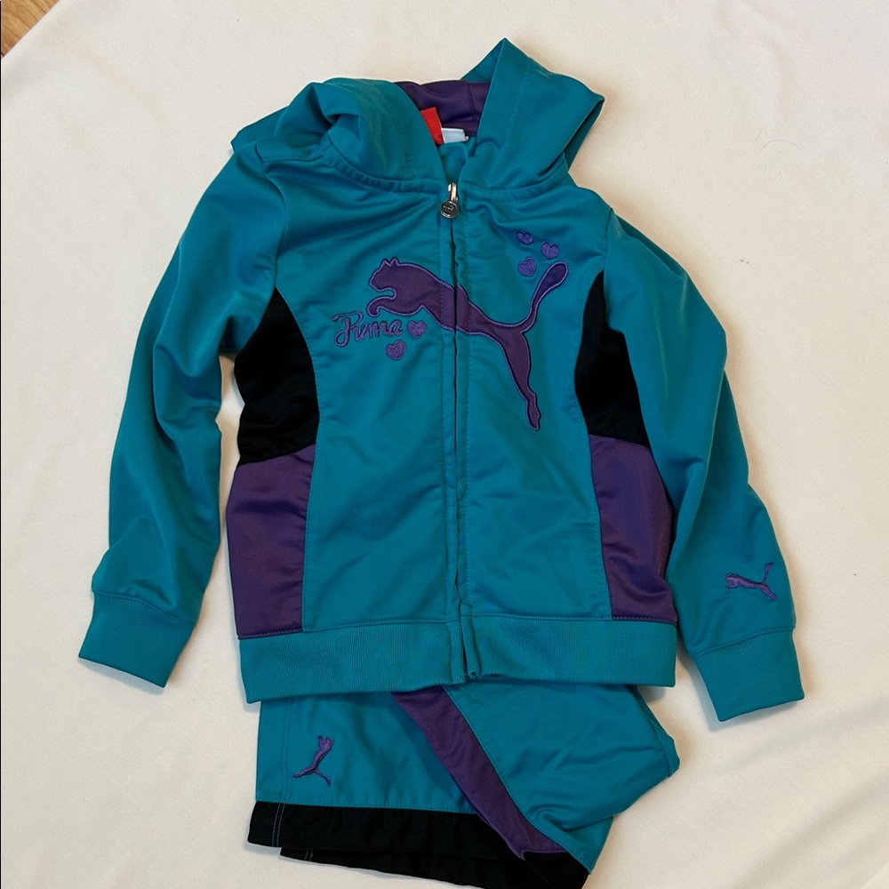 Puma 2 Piece Teal and Purple Kids Hooded Tracksuit
